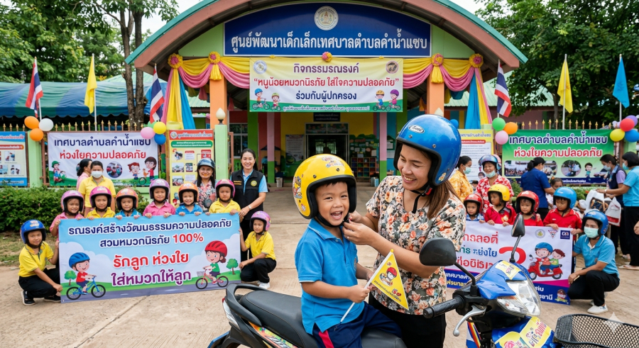 รณรงค์การสร้างวัฒนธรรมความปลอดภัยในการสวมหมวกนิรภัยของเด็กปฐมวัยและผู้ปกครองในสถานศึกษาสังกัด เทศบาลตำบลคำน้ำแซ  ขับขี่ปลอดภัย สวมหมวกกันน็อคขณะขับขี่ รณรงค์ให้เด็กนักเรียนสวมหมวกกันน็อค
