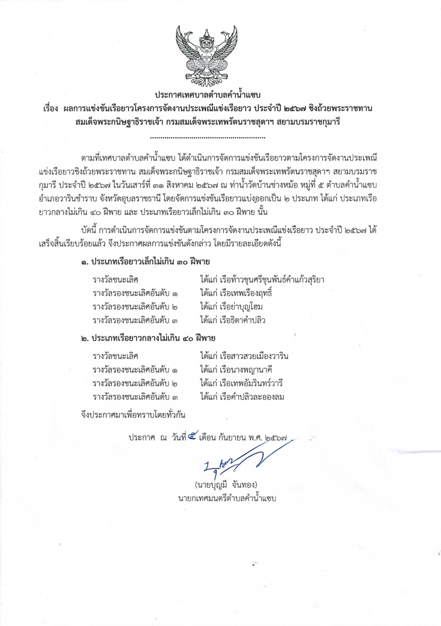ผลการแข่งขันเรือยาวประเพณีชิงถ้วยพระราชทานฯสนามบ้านช่างหม้อ ต.คำน้ำแซบ อ.วารินชำราบ จ.อุบลราชธานี 31 สิงหาคม 2567